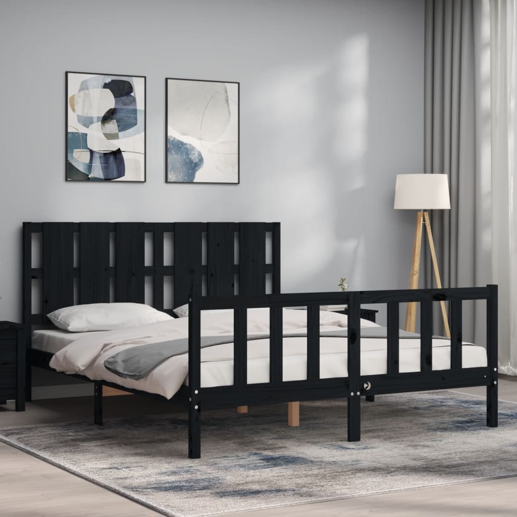 vidaXL Estructura cama de matrimonio con cabecero madera maciza negro