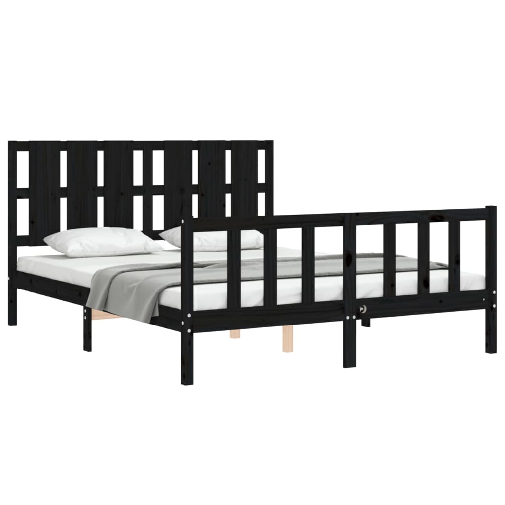 vidaXL Estructura cama de matrimonio con cabecero madera maciza negro