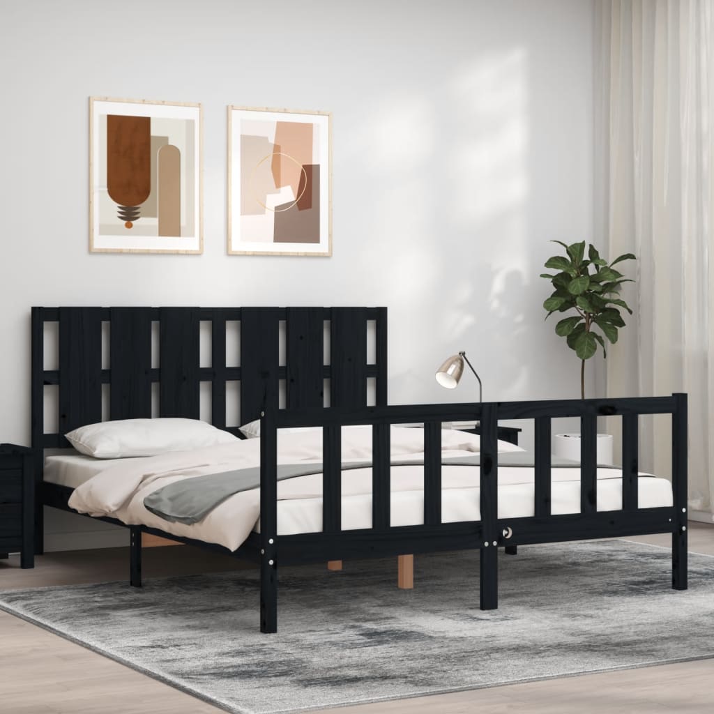 vidaXL Estructura cama de matrimonio con cabecero madera maciza negro