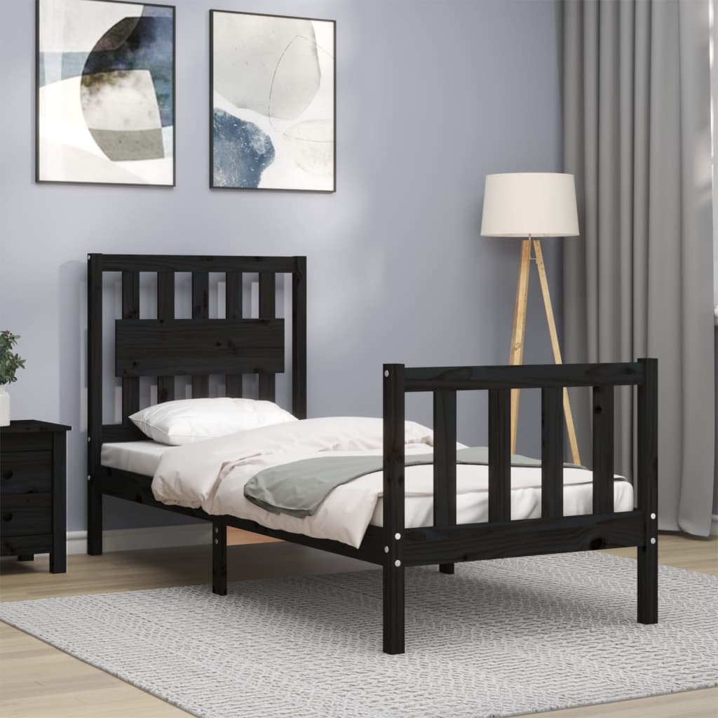 vidaXL Estructura de cama individual con cabecero madera maciza negro