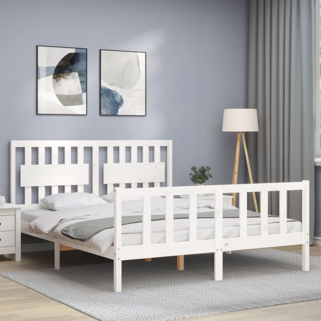 vidaXL Estructura de cama matrimonio con cabecero madera maciza blanco