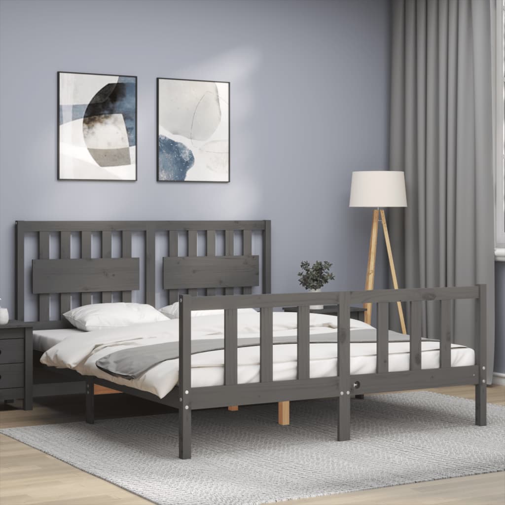 vidaXL Estructura de cama matrimonio con cabecero madera maciza gris