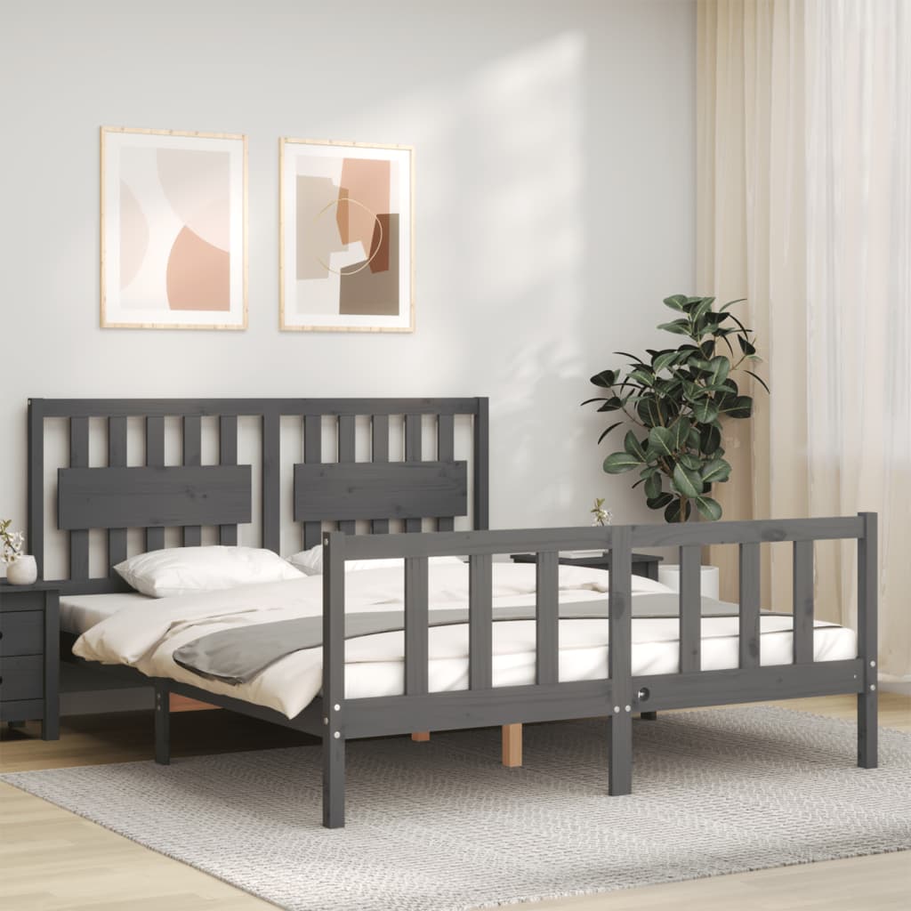 vidaXL Estructura de cama matrimonio con cabecero madera maciza gris