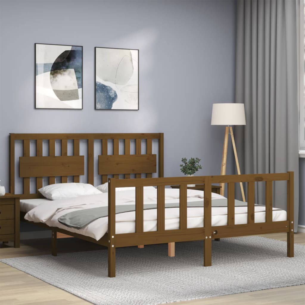 vidaXL Estructura de cama matrimonio con cabecero madera marrón miel