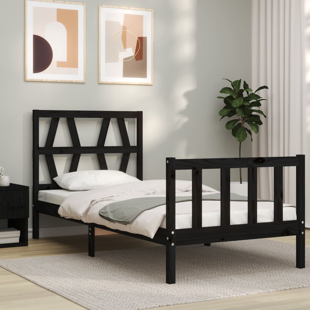 vidaXL Estructura de cama individual con cabecero madera maciza negro