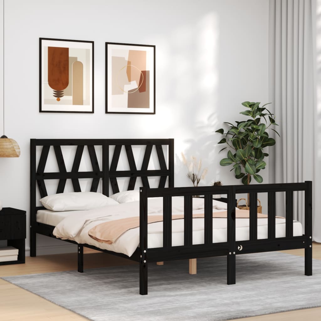 vidaXL Estructura de cama con cabecero madera maciza negro 140x190 cm