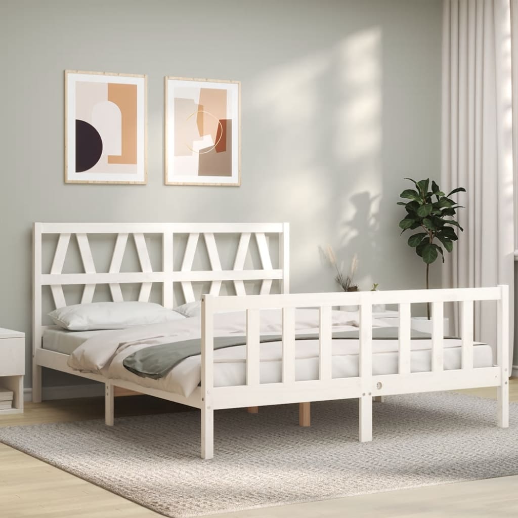 vidaXL Estructura de cama matrimonio con cabecero madera maciza blanco