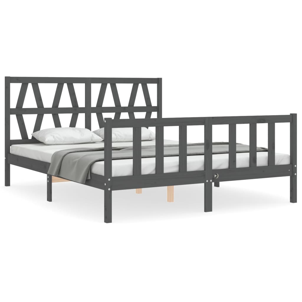 vidaXL Estructura de cama matrimonio con cabecero madera maciza gris