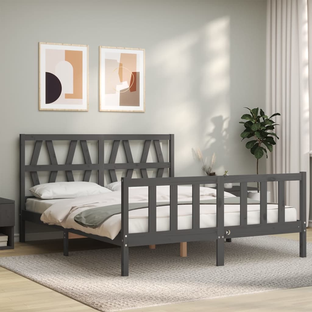 vidaXL Estructura de cama matrimonio con cabecero madera maciza gris