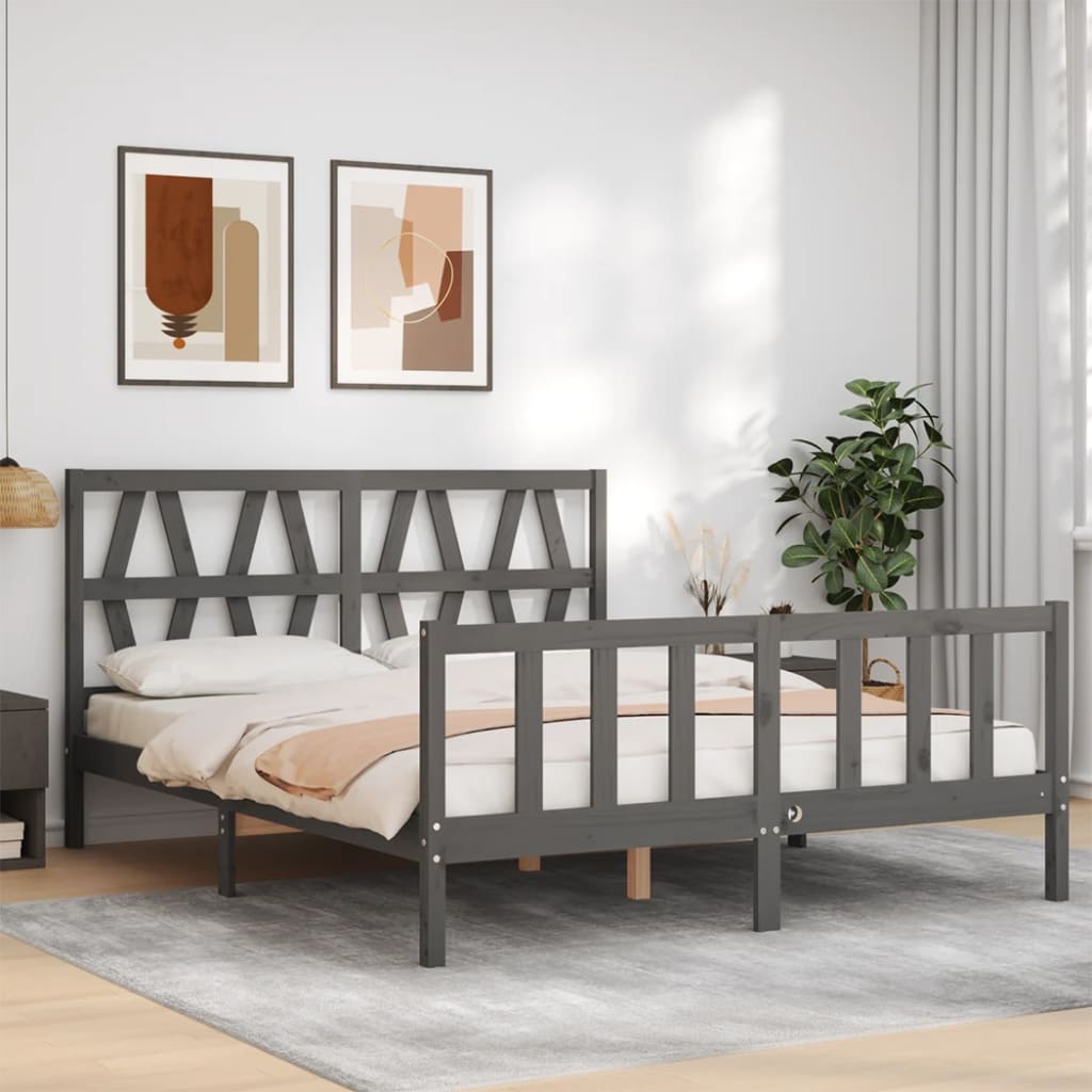 vidaXL Estructura de cama matrimonio con cabecero madera maciza gris