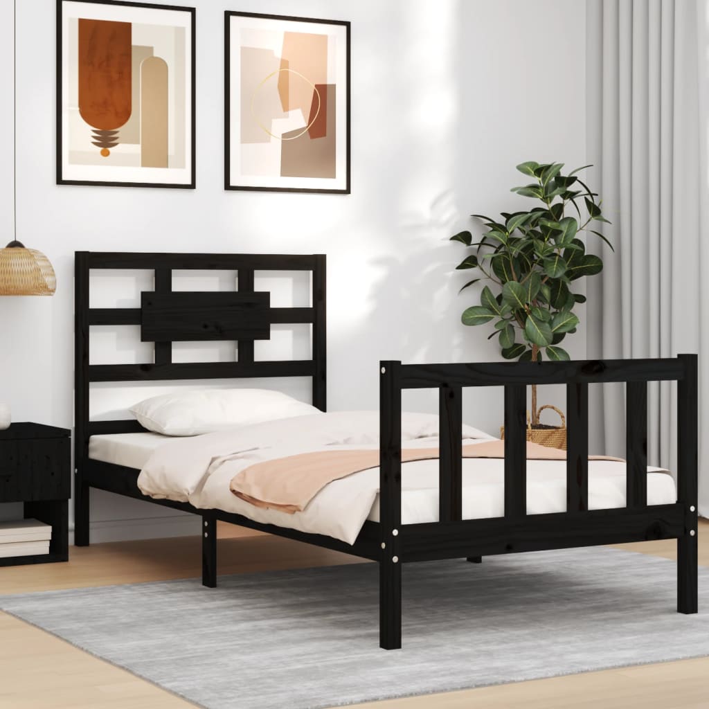 vidaXL Estructura de cama individual con cabecero madera maciza negro