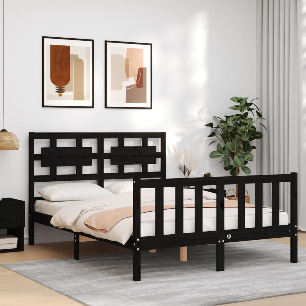 vidaXL Estructura de cama con cabecero madera maciza negro 140x190 cm