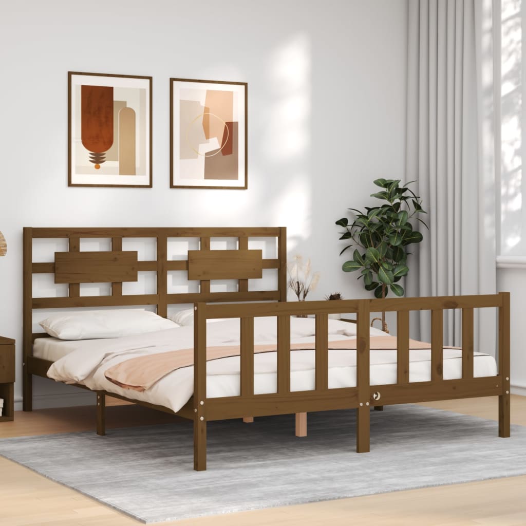 vidaXL Estructura de cama matrimonio con cabecero madera marrón miel