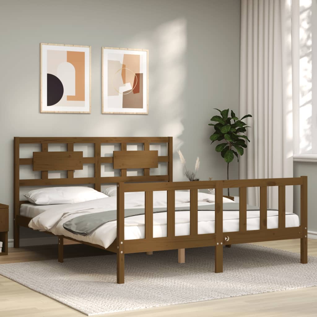 vidaXL Estructura de cama matrimonio con cabecero madera marrón miel