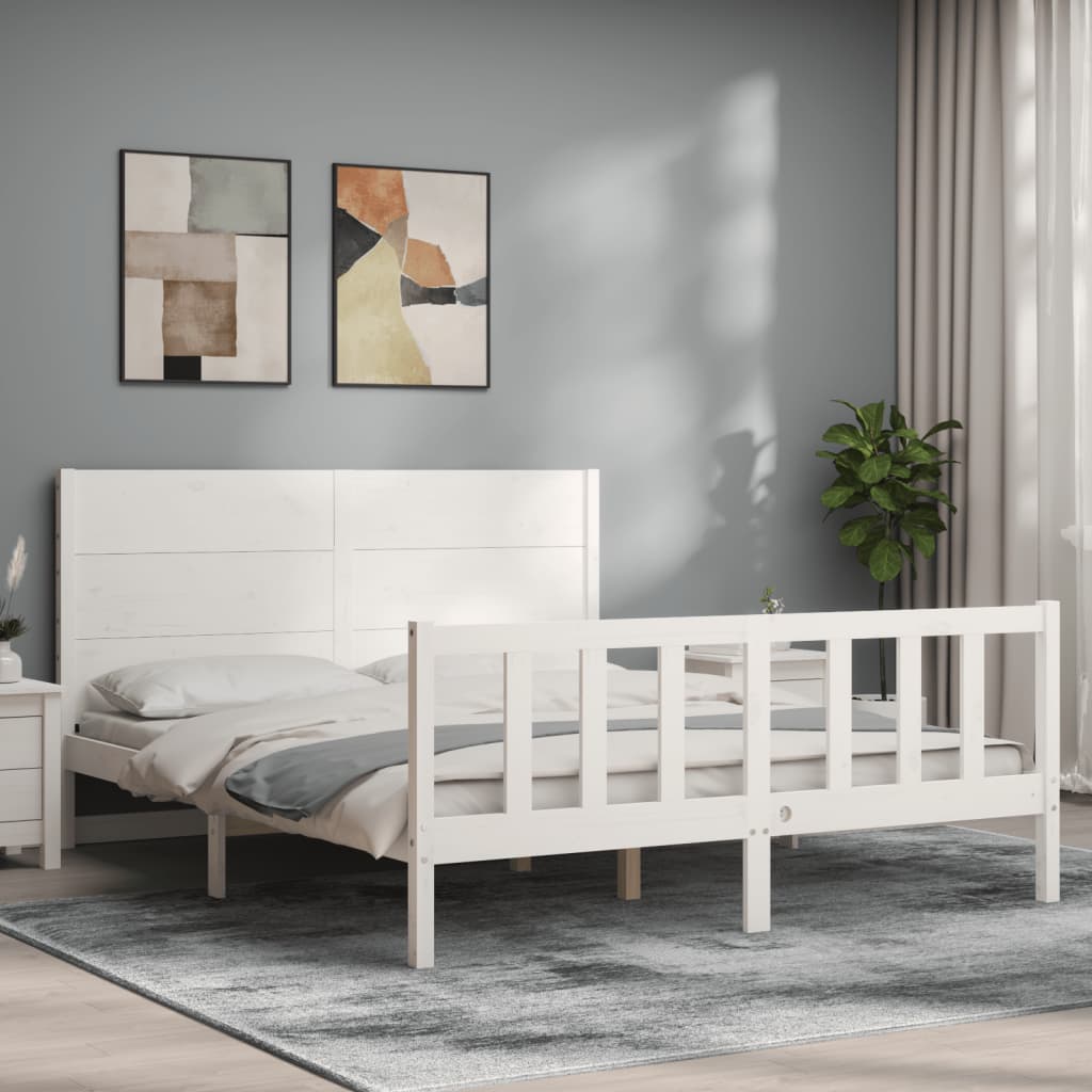 vidaXL Estructura de cama matrimonio con cabecero madera maciza blanco