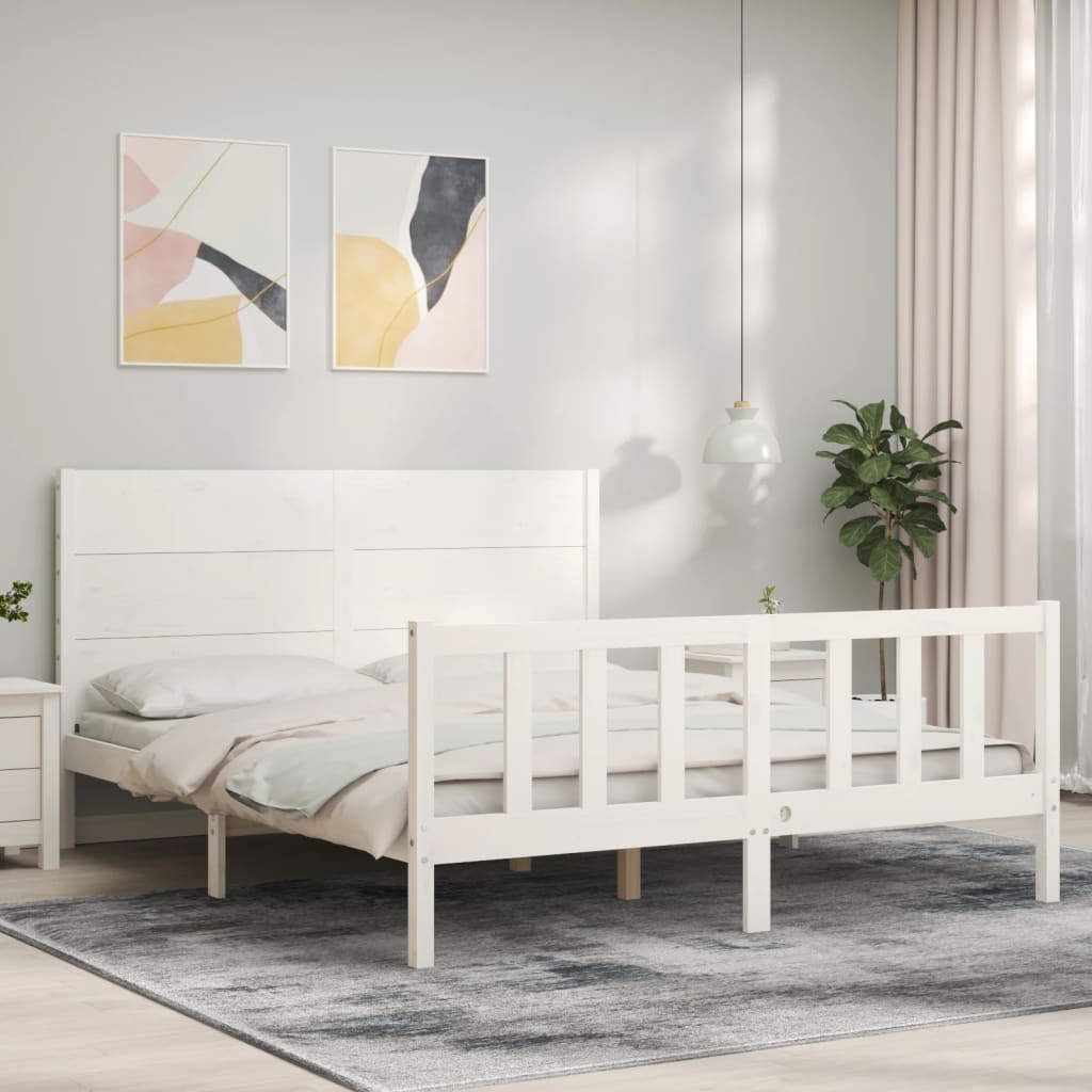 vidaXL Estructura de cama matrimonio con cabecero madera maciza blanco