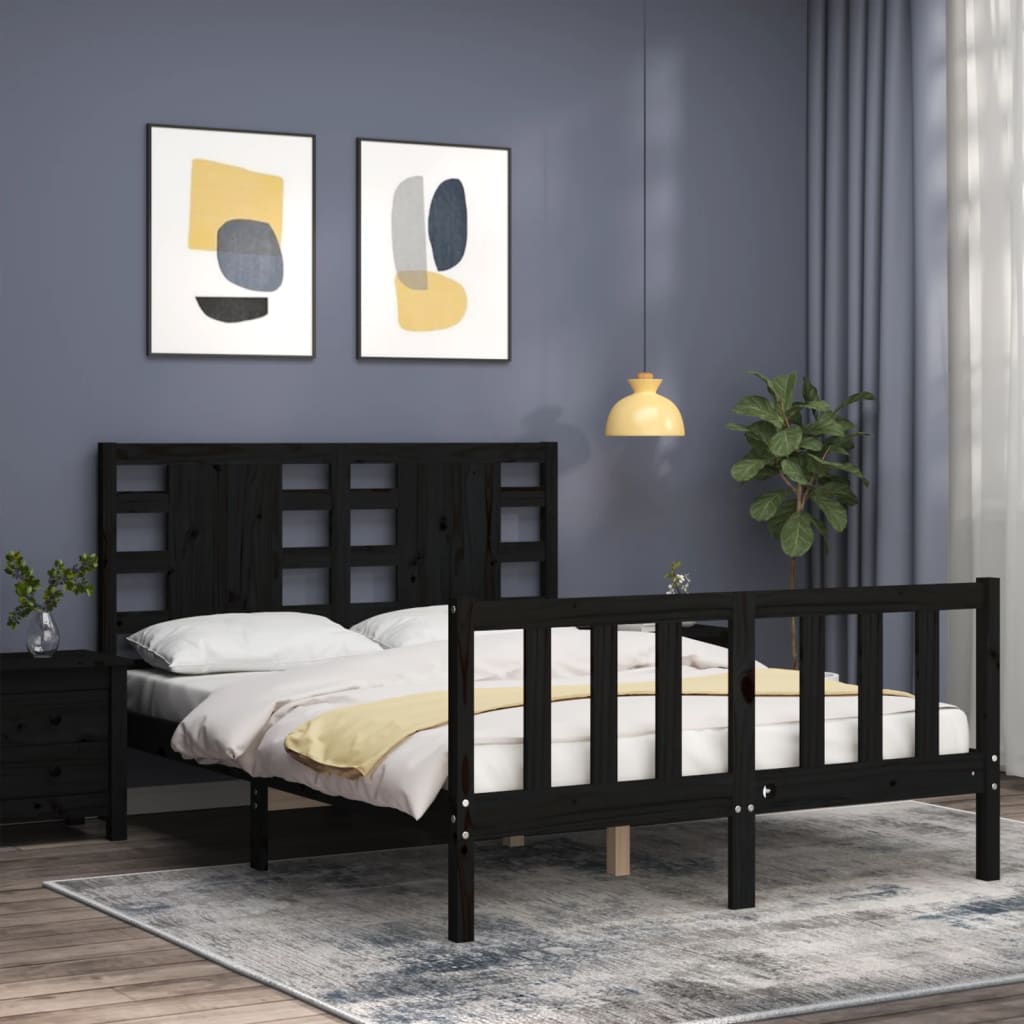 vidaXL Estructura de cama con cabecero madera maciza negro 140x190 cm