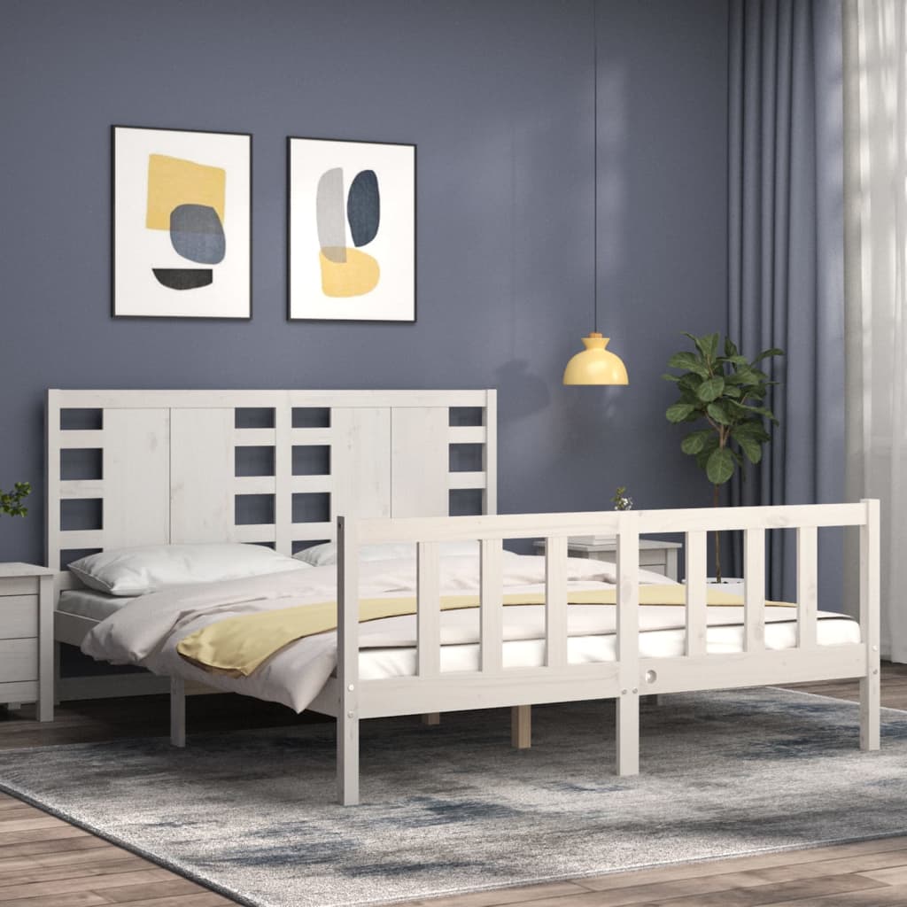 vidaXL Estructura de cama matrimonio con cabecero madera maciza blanco