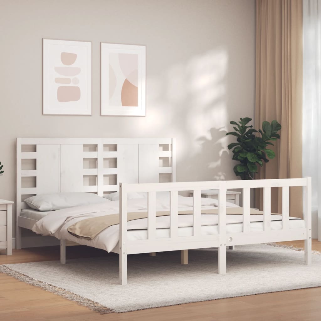 vidaXL Estructura de cama matrimonio con cabecero madera maciza blanco