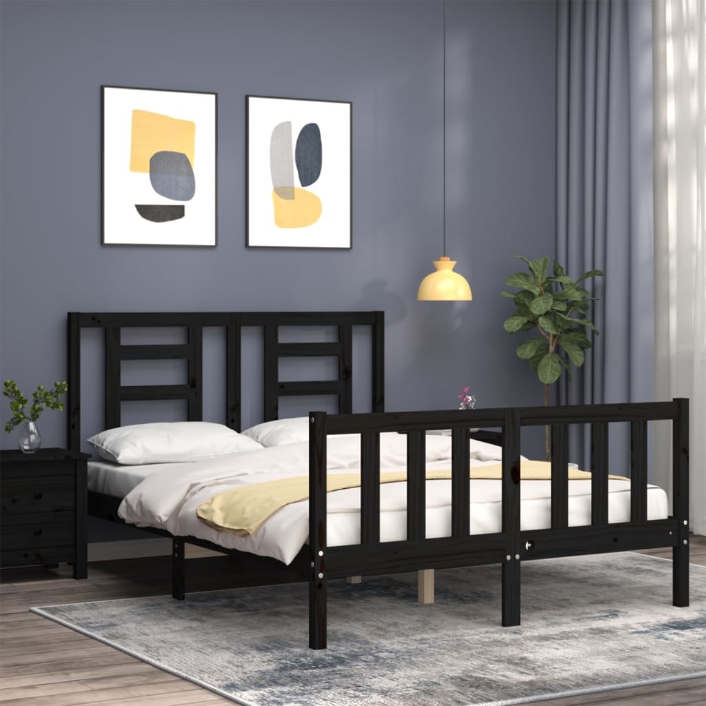 vidaXL Estructura cama de matrimonio con cabecero madera maciza negro