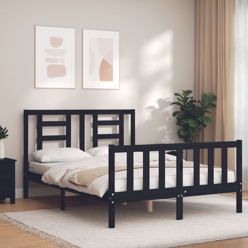 vidaXL Estructura cama de matrimonio con cabecero madera maciza negro