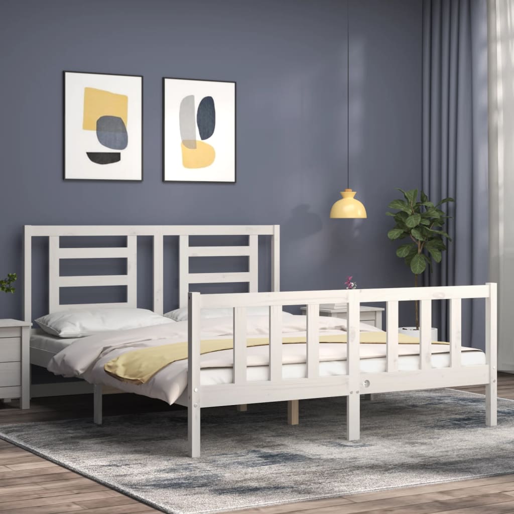 vidaXL Estructura de cama matrimonio con cabecero madera maciza blanco