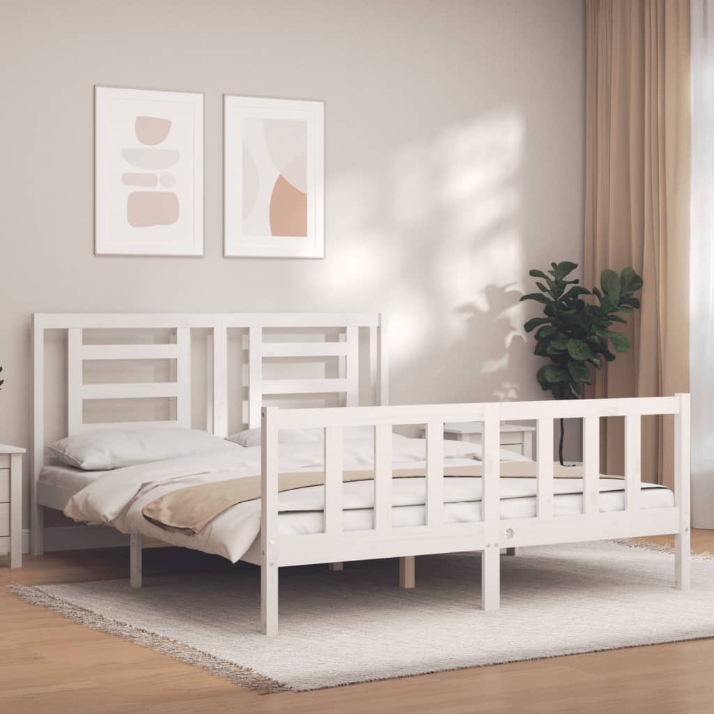 vidaXL Estructura de cama matrimonio con cabecero madera maciza blanco