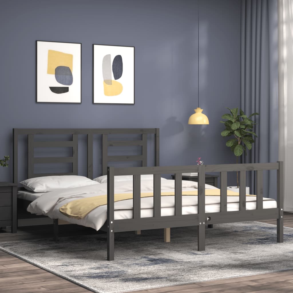 vidaXL Estructura de cama matrimonio con cabecero madera maciza gris