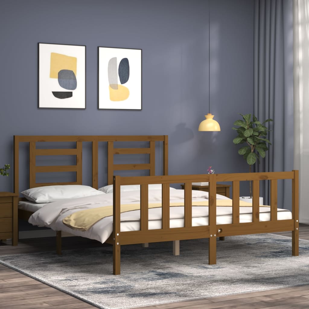 vidaXL Estructura de cama matrimonio con cabecero madera marrón miel