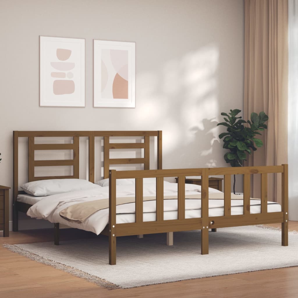 vidaXL Estructura de cama matrimonio con cabecero madera marrón miel