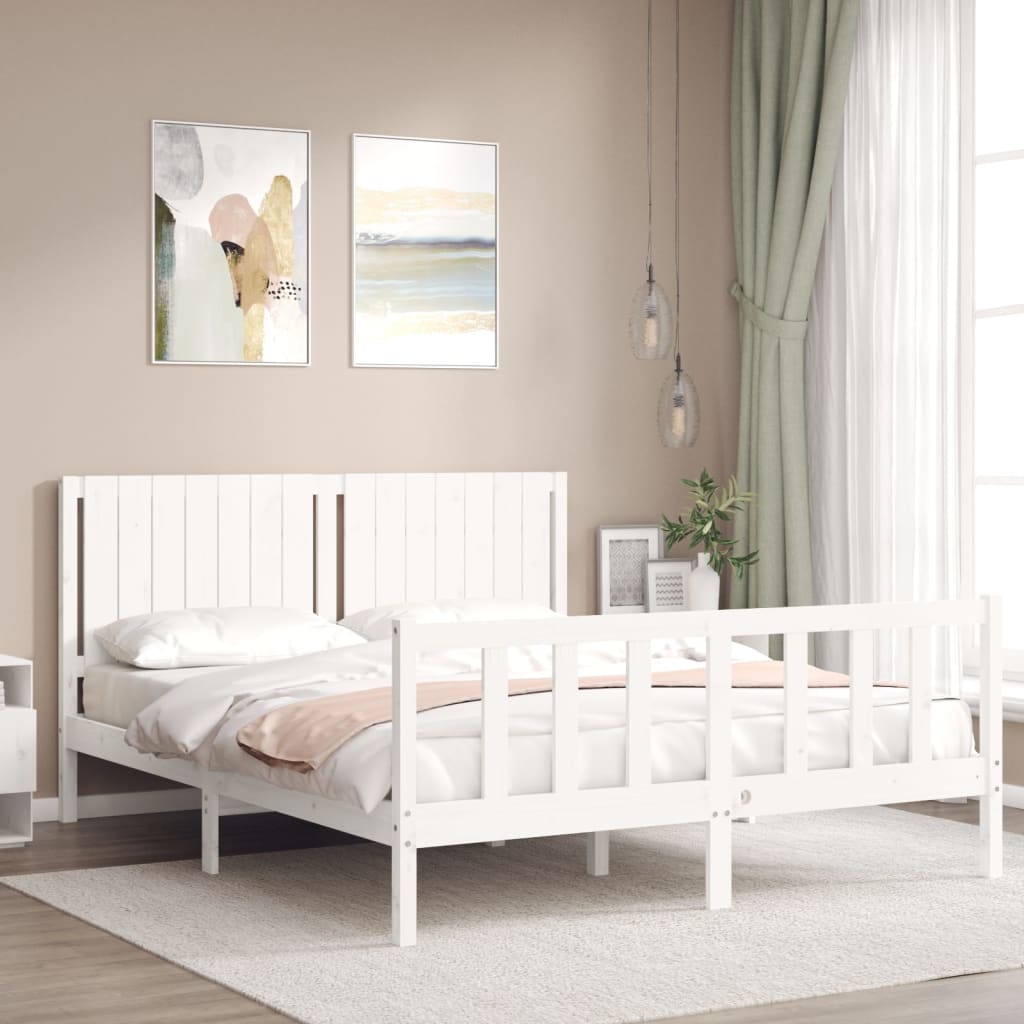 vidaXL Estructura de cama matrimonio con cabecero madera maciza blanco