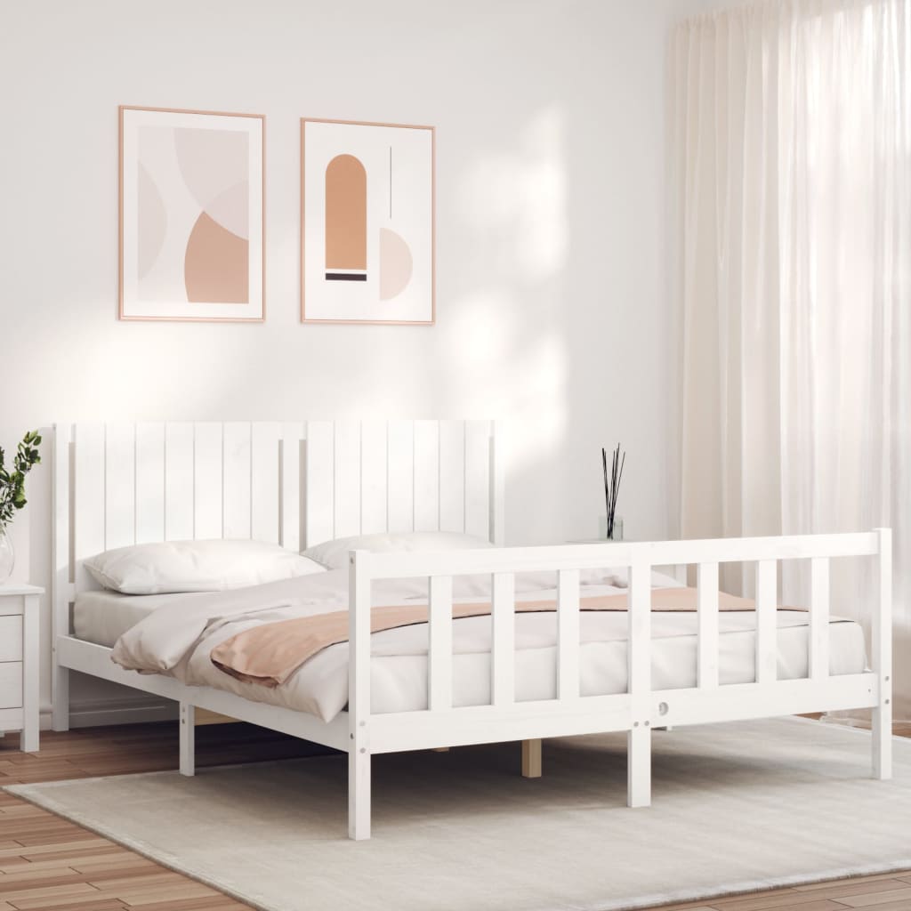 vidaXL Estructura de cama matrimonio con cabecero madera maciza blanco