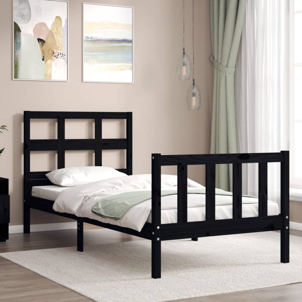 vidaXL Estructura de cama individual con cabecero madera maciza negro