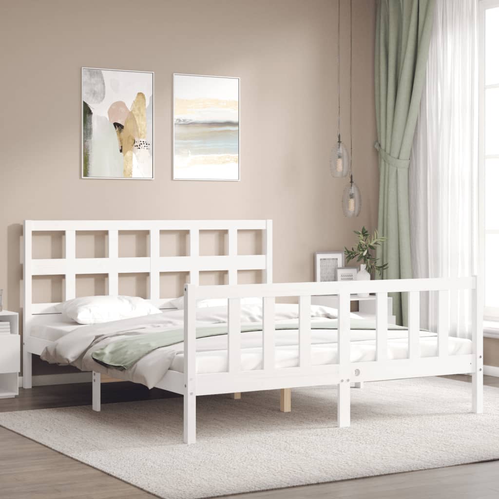 vidaXL Estructura de cama matrimonio con cabecero madera maciza blanco