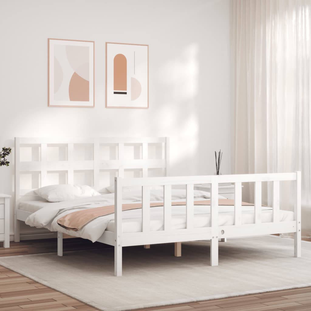 vidaXL Estructura de cama matrimonio con cabecero madera maciza blanco