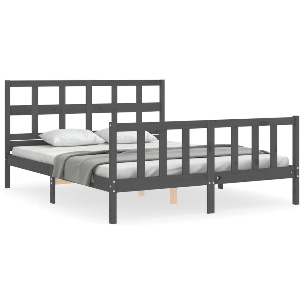 vidaXL Estructura de cama matrimonio con cabecero madera maciza gris