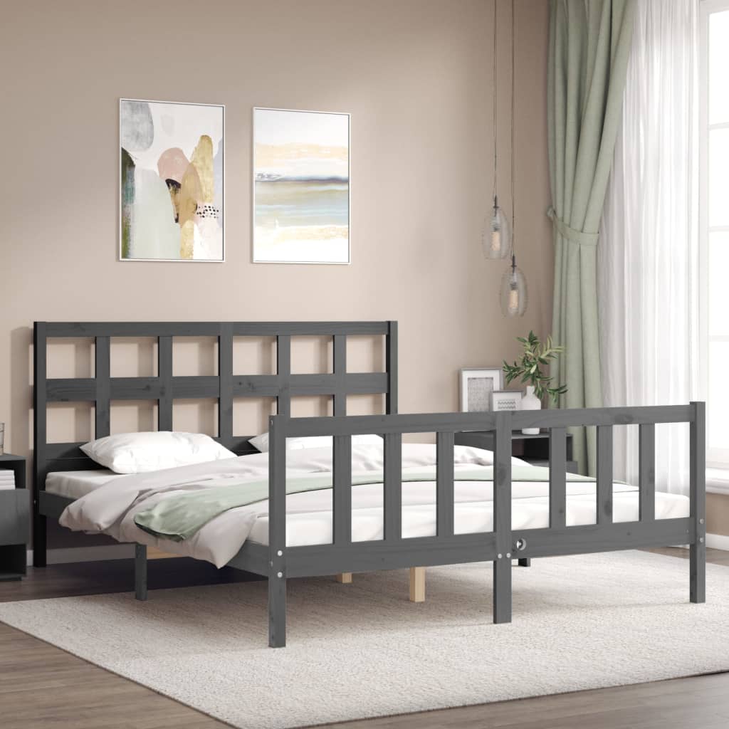 vidaXL Estructura de cama matrimonio con cabecero madera maciza gris