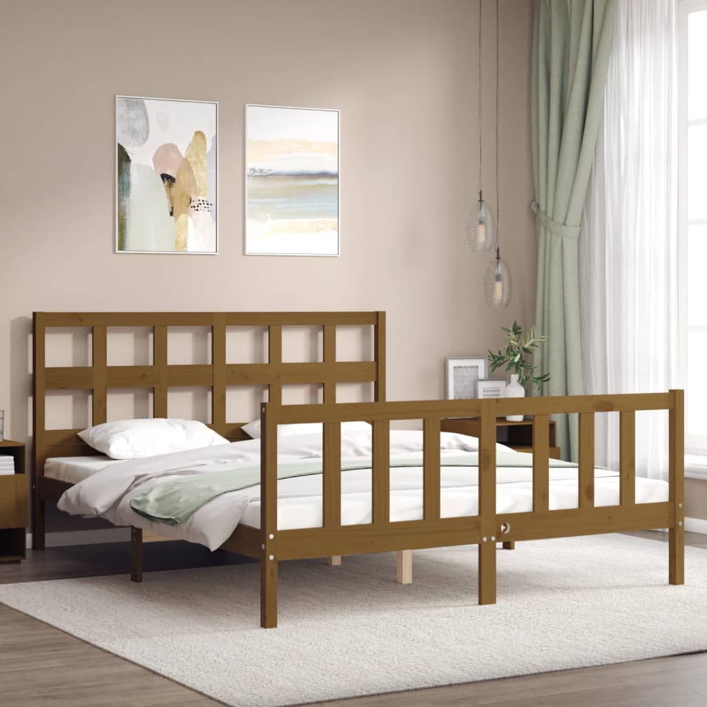 vidaXL Estructura de cama matrimonio con cabecero madera marrón miel