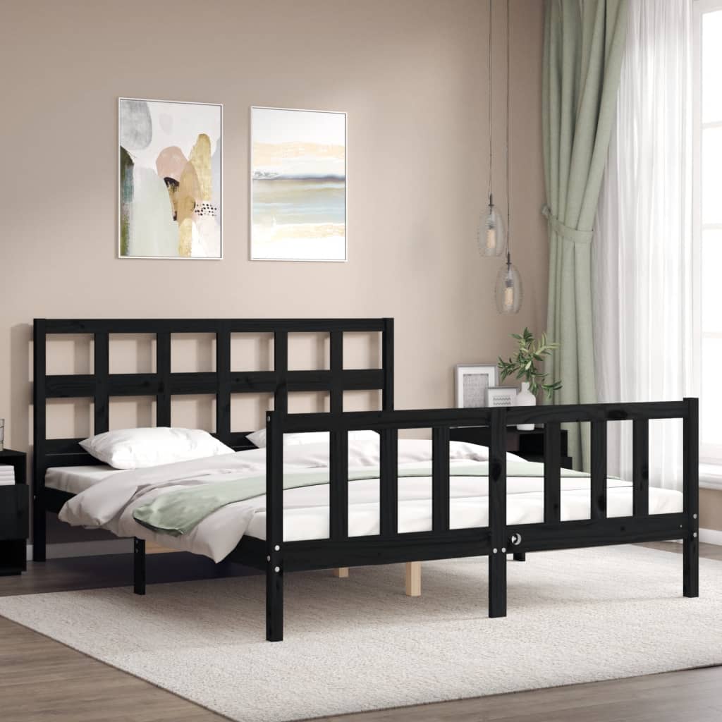 vidaXL Estructura cama de matrimonio con cabecero madera maciza negro