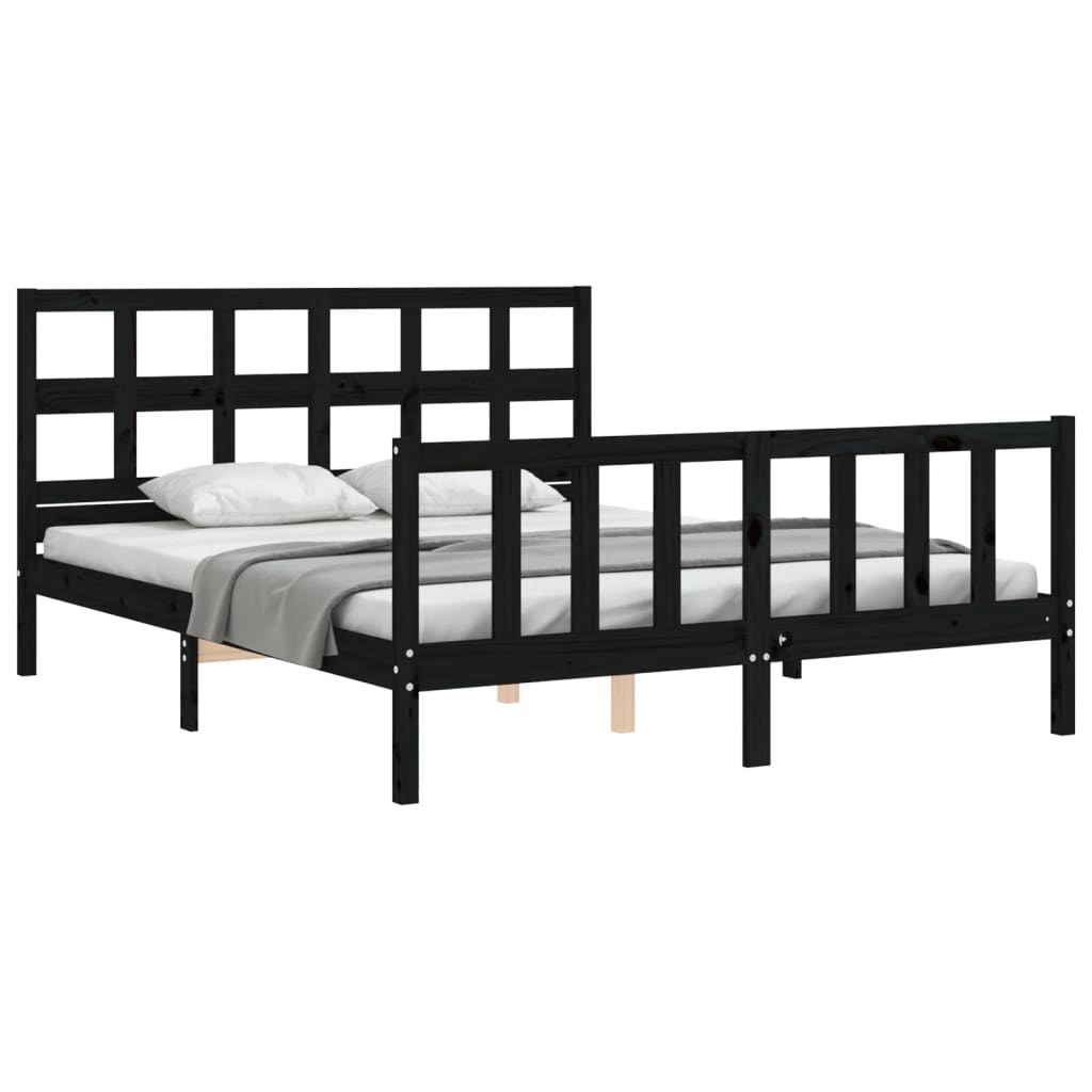 vidaXL Estructura cama de matrimonio con cabecero madera maciza negro