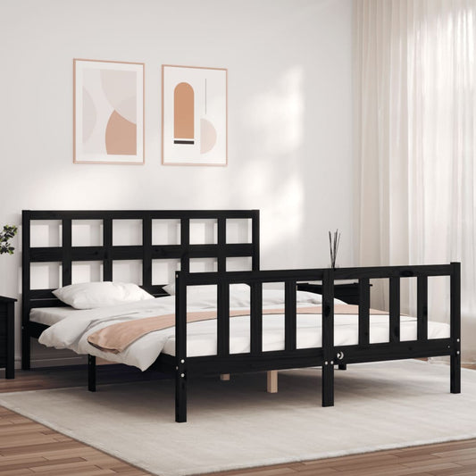 vidaXL Estructura cama de matrimonio con cabecero madera maciza negro