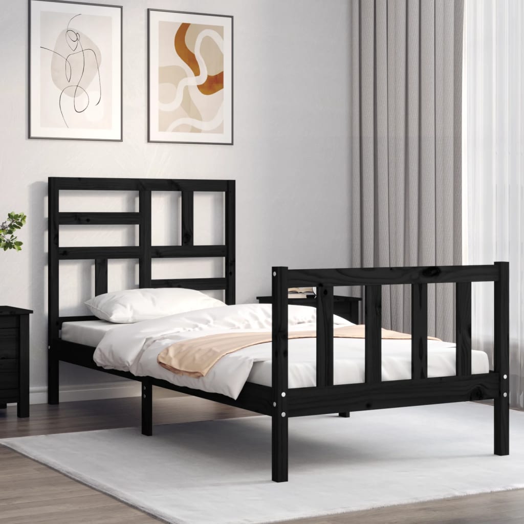 vidaXL Estructura de cama individual con cabecero madera maciza negro