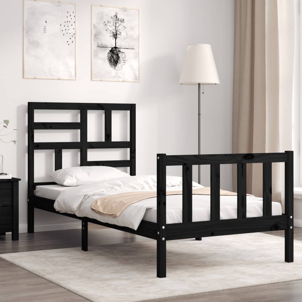 vidaXL Estructura de cama individual con cabecero madera maciza negro