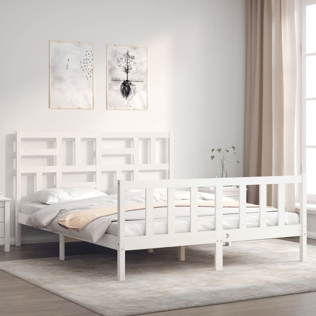 vidaXL Estructura de cama matrimonio con cabecero madera maciza blanco