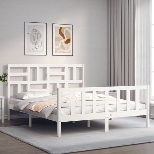 vidaXL Estructura de cama matrimonio con cabecero madera maciza blanco