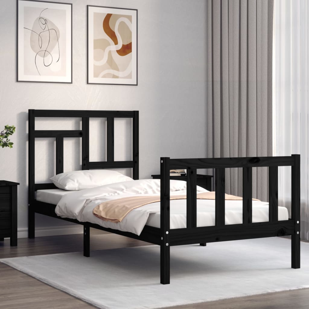 vidaXL Estructura de cama individual con cabecero madera maciza negro