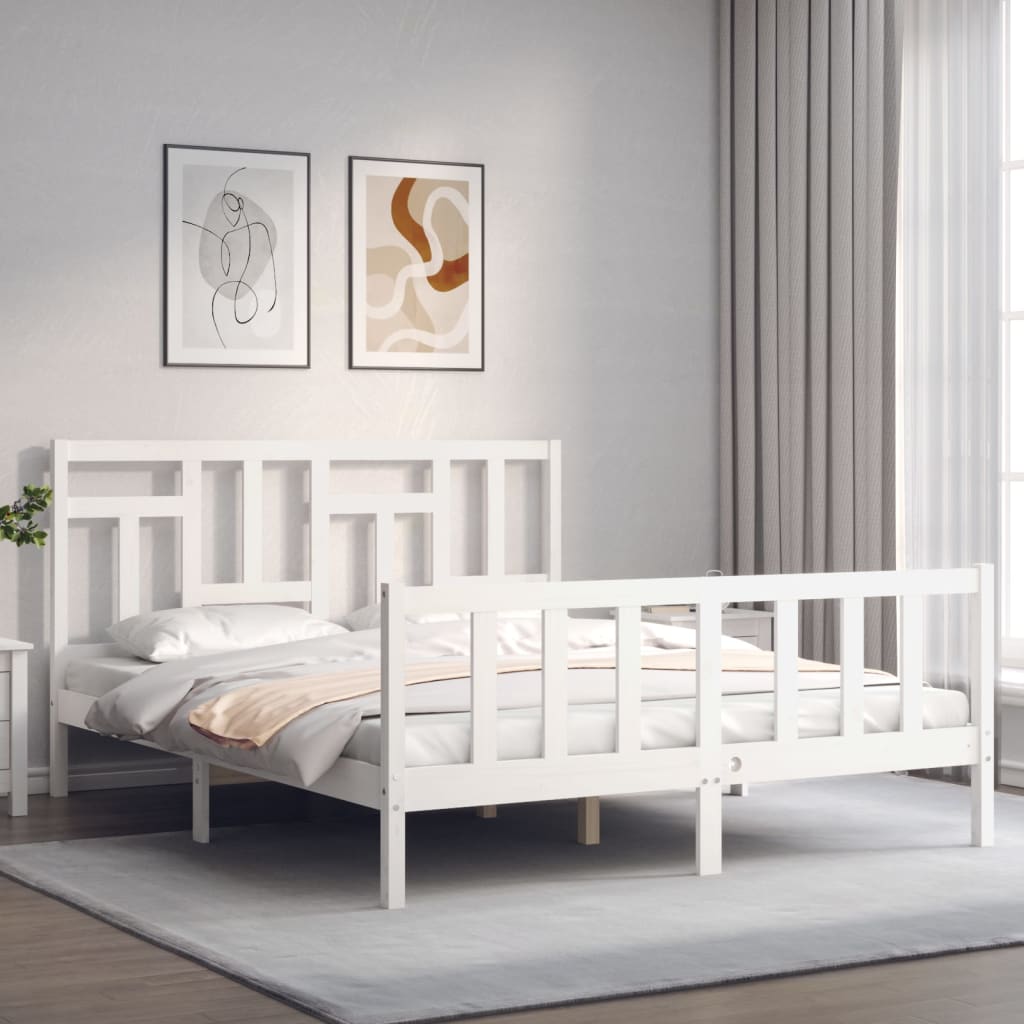 vidaXL Estructura de cama matrimonio con cabecero madera maciza blanco