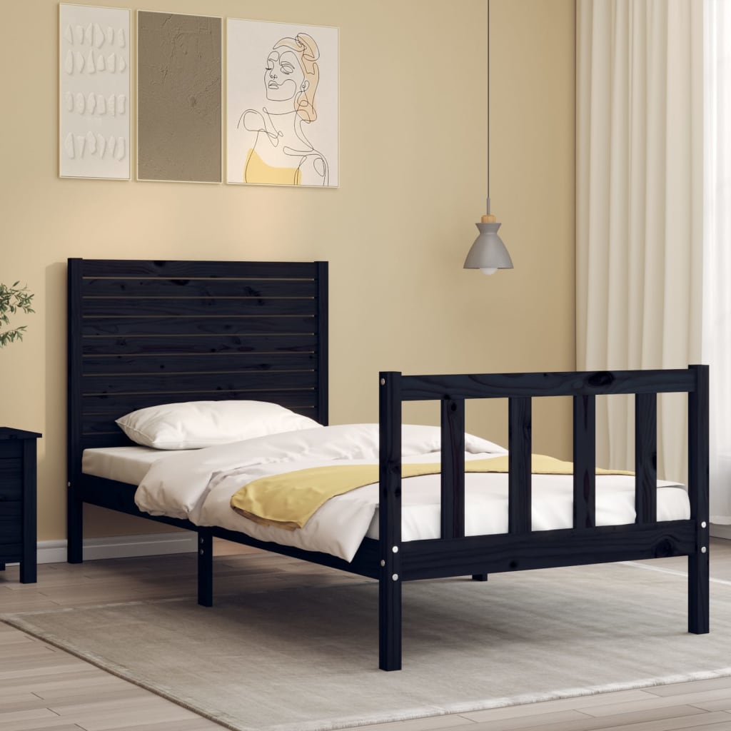 vidaXL Estructura de cama individual con cabecero madera maciza negro