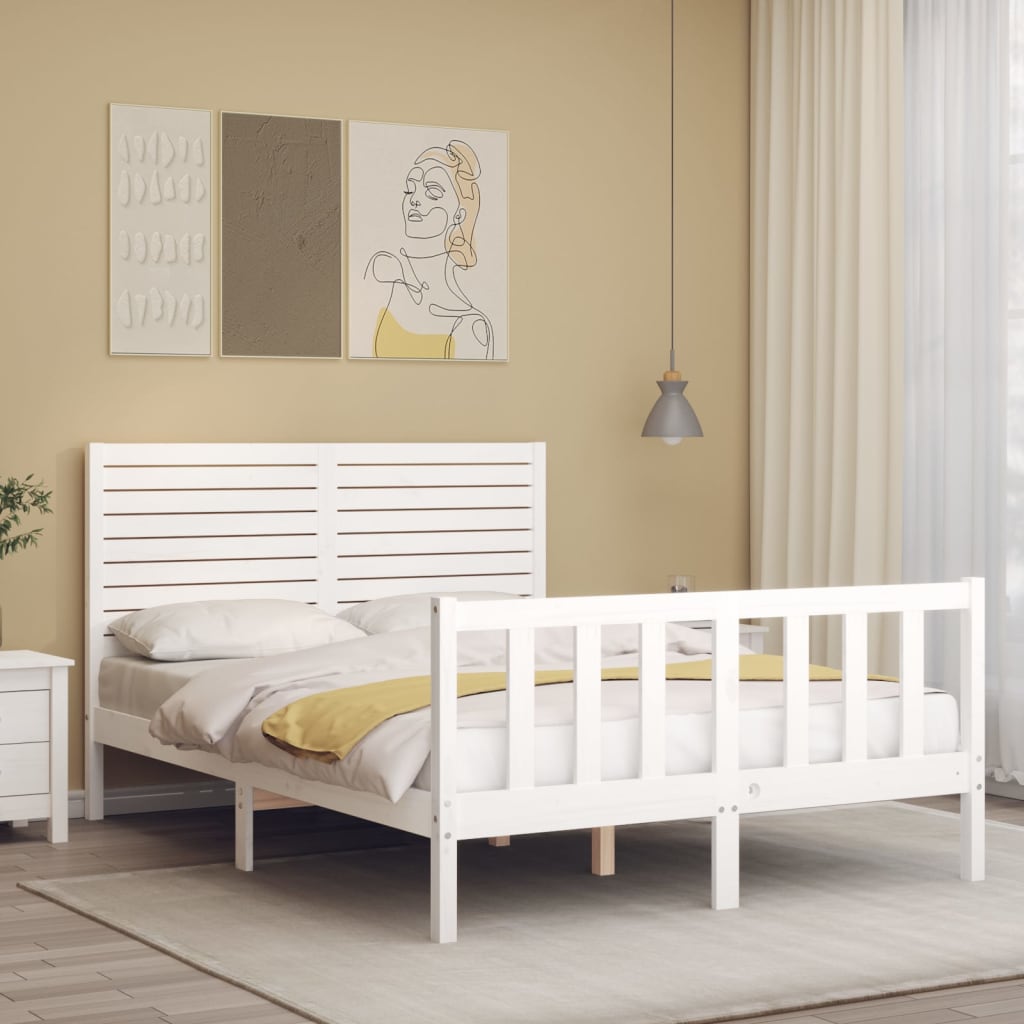 vidaXL Estructura cama de matrimonio con cabecero madera maciza blanco