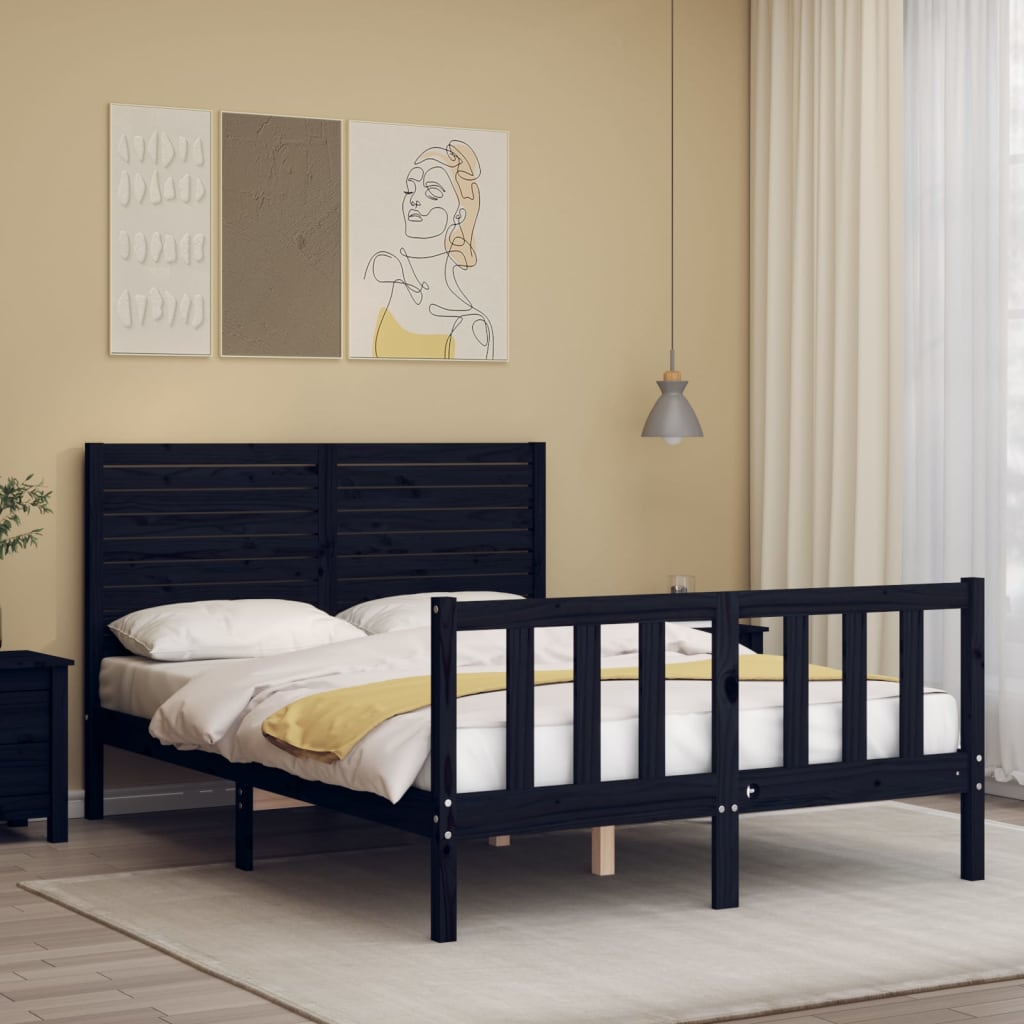 vidaXL Estructura cama de matrimonio con cabecero madera maciza negro